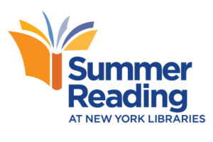 An orange‑and‑blue open book icon appears beside the words ‘Summer Reading at New York Libraries.