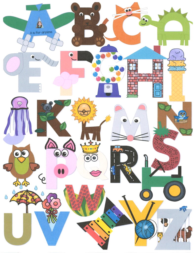 A colorful alphabet chart displays each letter illustrated with a child‑friendly object or animal that begins with that letter, such as an airplane for A, a bear for B, and a cat for C. The bright, varied designs create an engaging visual guide for early learners exploring the full A–Z sequence.