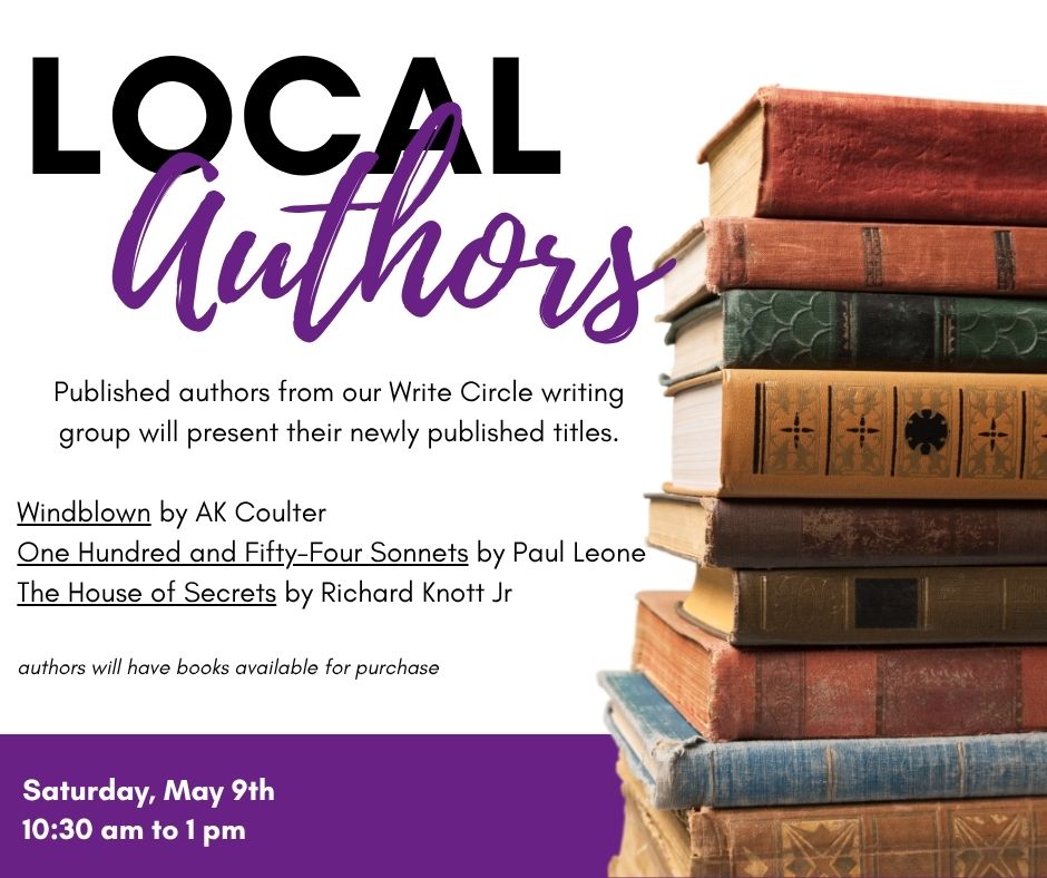 promotional flyer features a stack of colorful vintage hardcover books on the right and event text on the left. The text announces a local author presentation with newly published titles, lists three featured books, and gives the event date of Saturday, May 9 from 10:30 a.m. to 1 p.m., noting that books will be available for purchase.