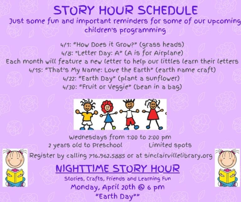 A purple floral children’s‑programming flyer lists April Story Hour dates with themed crafts—such as grass heads, airplanes for Letter A, Earth Day activities, and a bean‑in‑a‑bag project—alongside cartoon illustrations of kids and a child reading. It also advertises a Nighttime Story Hour on April 20 at 6 p.m., with program details, age range, registration information, and scheduling notes.