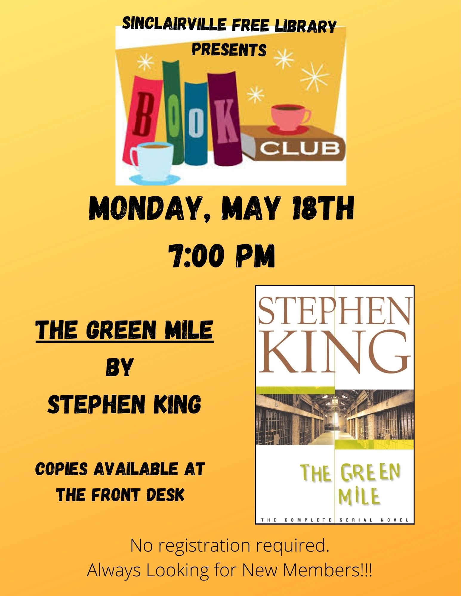 Flyer for the Sinclairville Free Library’s book club meeting on Monday, May 18 at 7 p.m. The design shows colorful books and coffee cups with the featured title The Green Mile by Stephen King and notes that copies are available at the front desk.