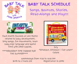 The flyer promotes the Baby Talk program with Miss Jessica at the Sinclairville Free Library, featuring songs, bounces, stories, and play for babies. It has a pink background with playful graphics of babies, dinosaurs, and books, highlighting the July theme “Dinosaur, Dinosaur: I Can Learn: Colors” and noting that sessions for ages birth to two years are held Wednesdays from 11:30 to 12:00 p.m., with registration open.