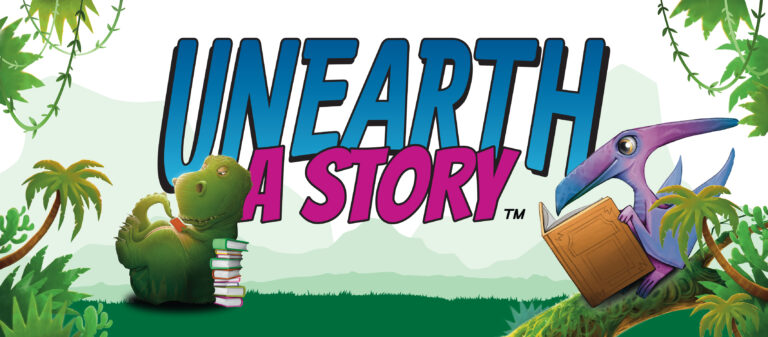 The image shows a bright, playful banner with the words “UNEARTH A STORY™” in large, bold letters — “UNEARTH” in blue and “A STORY” in pink. On the left, a green dinosaur lounges on the grass beside a stack of books, while on the right, a purple pterodactyl perched on a branch reads an open book amid tropical plants and palm trees, creating a fun, prehistoric reading theme.