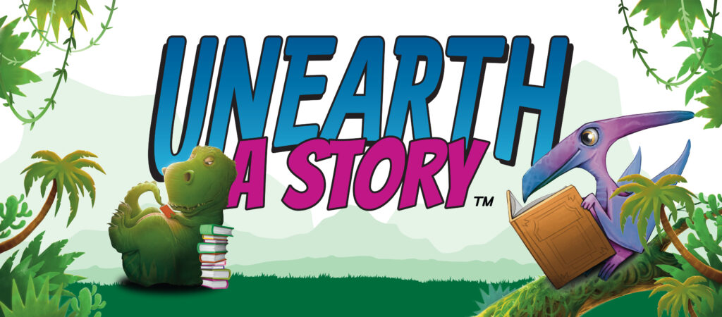A green dinosaur sits against a stack of books while reading, and a purple pterosaur perches on a tree branch with a book, all set in a bright, prehistoric jungle scene. Large colorful text in the center reads ‘UNEARTH A STORY.’