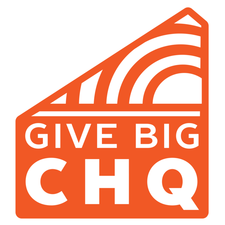 The image shows a bright orange logo with bold black text reading “GIVE BIG CHQ.” The design features a stylized geometric shape resembling a rising sun or rainbow within a triangular frame, symbolizing community growth and generosity.