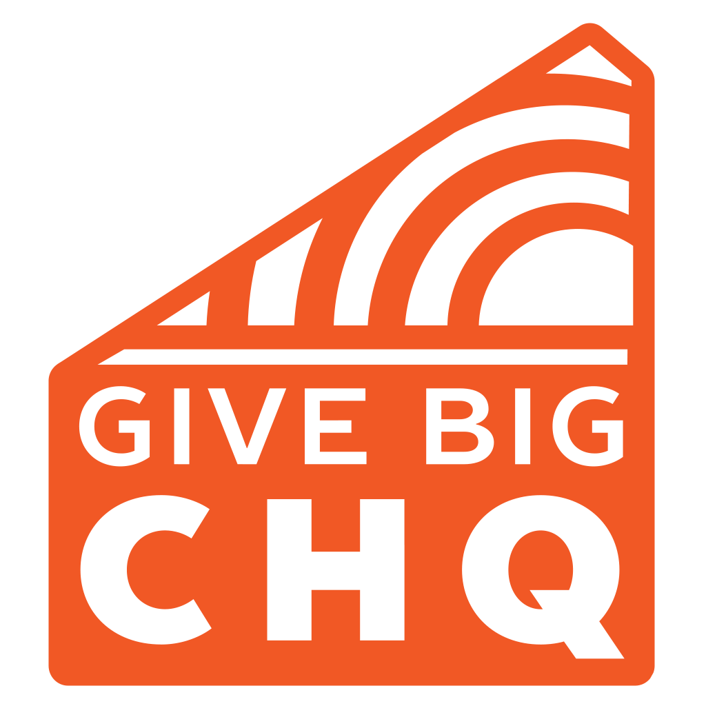 The image shows a bright orange logo with bold black text reading “GIVE BIG CHQ.” The design features a stylized geometric shape resembling a rising sun or rainbow within a triangular frame, symbolizing community growth and generosity.
