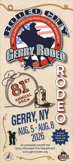 The image is a colorful promotional poster for the 81st Annual Gerry Rodeo in Gerry, New York, taking place August 5–8, 2026. It features Western-themed graphics including a cowboy silhouette, rope border, hat, and boot illustrations, with text noting that the event benefits the Gerry Volunteer Fire Department and will be held rain or shine.