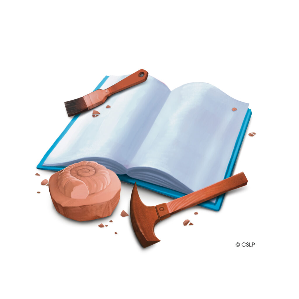 The image shows an open blue book with blank pages surrounded by paleontology tools and a fossil. A brown-handled brush and rock hammer rest nearby, with a round fossil resembling an ammonite and small scattered rock fragments, symbolizing excavation and scientific discovery.