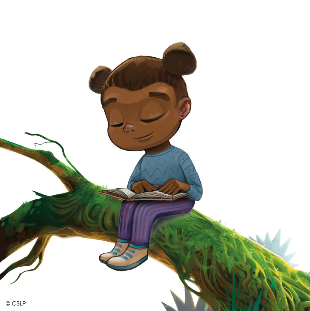 The image shows a digital illustration of a child sitting peacefully on a moss-covered tree branch while reading a book. The child has brown skin and hair styled in two rounded buns, wears a blue sweater, purple striped pants, and tan shoes, with a calm expression suggesting focus and enjoyment of reading.
