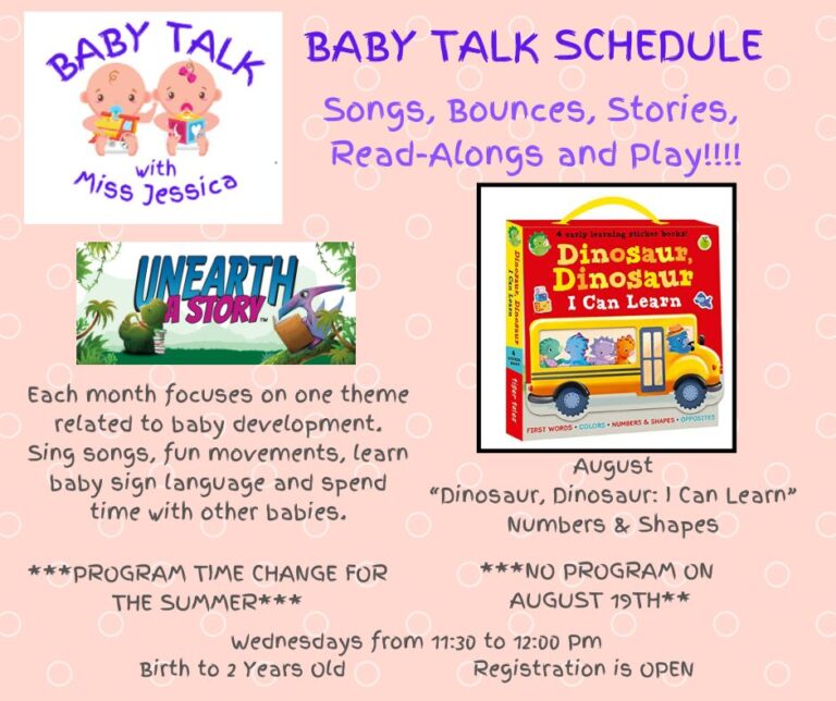The image is a pastel pink flyer titled Baby Talk Schedule with playful white polka dots and cartoon graphics. It promotes the Baby Talk with Miss Jessica program at the Sinclairville Free Library, featuring songs, bounces, stories, and read-alongs for babies from birth to two years old, with an August theme of “Dinosaur, Dinosaur: I Can Learn” focused on numbers and shapes, and notes a schedule change and no program on August 19th.