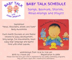 The image is a pastel pink flyer titled “Baby Talk Schedule” with playful white polka dots and cartoon graphics. It promotes the Baby Talk with Miss Jessica program at the Sinclairville Free Library, featuring songs, bounces, stories, and read-alongs for babies from birth to two years old, with a September theme of “Head, Shoulders, Knees and Toes” focused on body awareness and baby development.