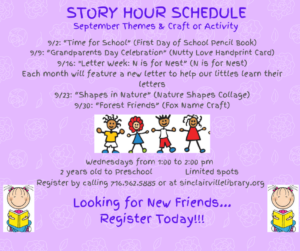The image is a cheerful purple flyer titled “Story Hour Schedule” with a floral background and cartoon children illustrations. It lists September story hour themes and crafts for ages two to preschool, including Time for School, Grandparents Day Celebration, Letter Week: N is for Nest, Shapes in Nature, and Forest Friends, with registration details for Wednesday sessions at the Sinclairville Free Library.
