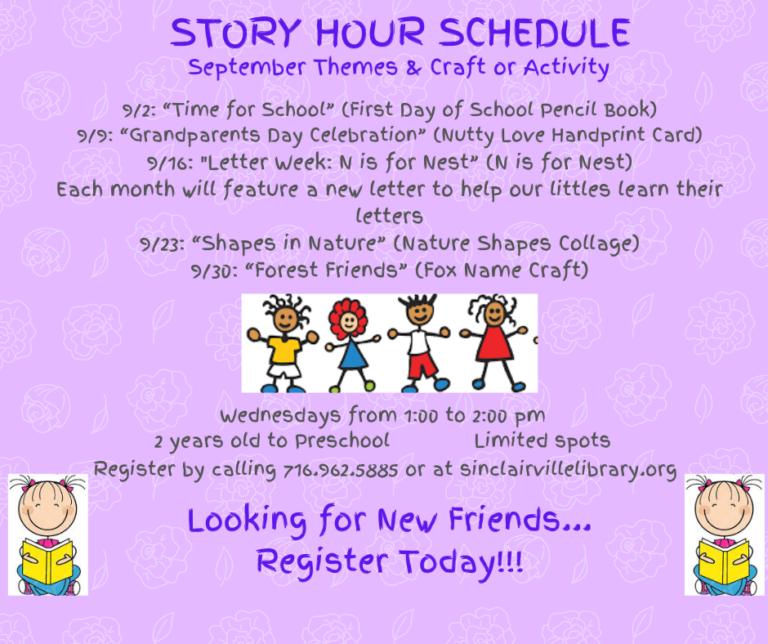 The image is a cheerful purple flyer titled “Story Hour Schedule” with a floral background and cartoon children illustrations. It lists September story hour themes and crafts for ages two to preschool, including Time for School, Grandparents Day Celebration, Letter Week: N is for Nest, Shapes in Nature, and Forest Friends, with registration details for Wednesday sessions at the Sinclairville Free Library.