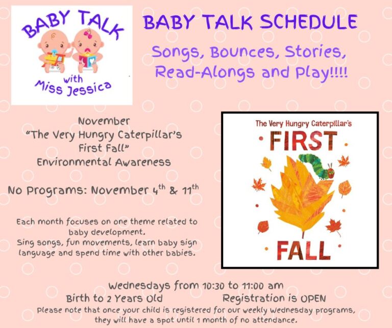 The image is a pastel pink flyer titled “Baby Talk Schedule” featuring bubble patterns, cartoon babies reading books, and the cover of The Very Hungry Caterpillar’s First Fall. It promotes the Baby Talk with Miss Jessica program at the Sinclairville Free Library for children from birth to age two, highlighting November’s theme of environmental awareness, weekly activities including songs, stories, and play, and noting that there will be no programs on November 4 or November 11.