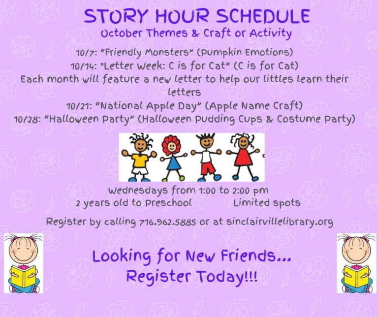 Flyer for October Story Hour at Sinclairville Library featuring weekly themes for children ages 2 through preschool, including Friendly Monsters (October 7), Letter Week: C is for Cat (October 14), National Apple Day (October 21), and a Halloween Party (October 28), along with related crafts and activities. Story Hour is held Wednesdays from 1:00 to 2:00 p.m.; registration is available by calling 716-962-5885 or visiting sinclairvillelibrary.org.